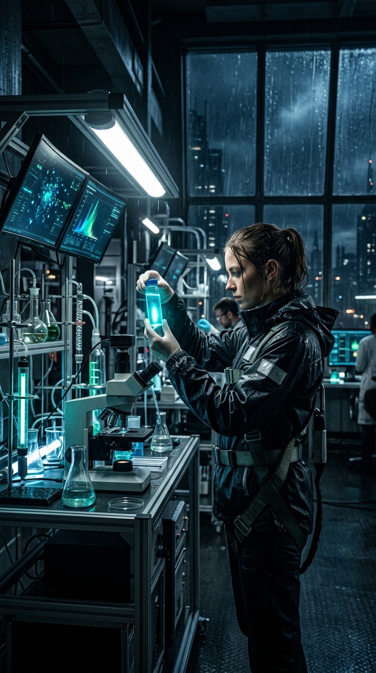 Vertical cinematic scene inside a futuristic municipal lab at night, a technicia