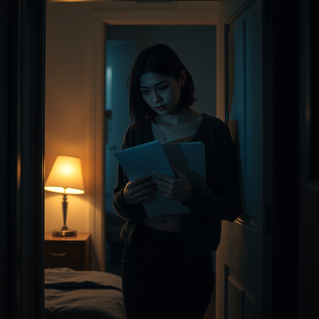 A young woman on a bedroom doorway threshold clutching papers to her chest, tear