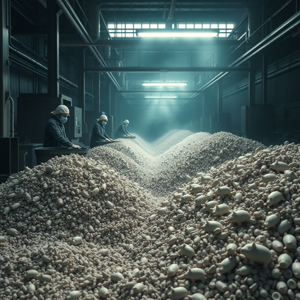 Cinematic view of a recycling facility sorting heaps of tiny ceramic pig fragmen