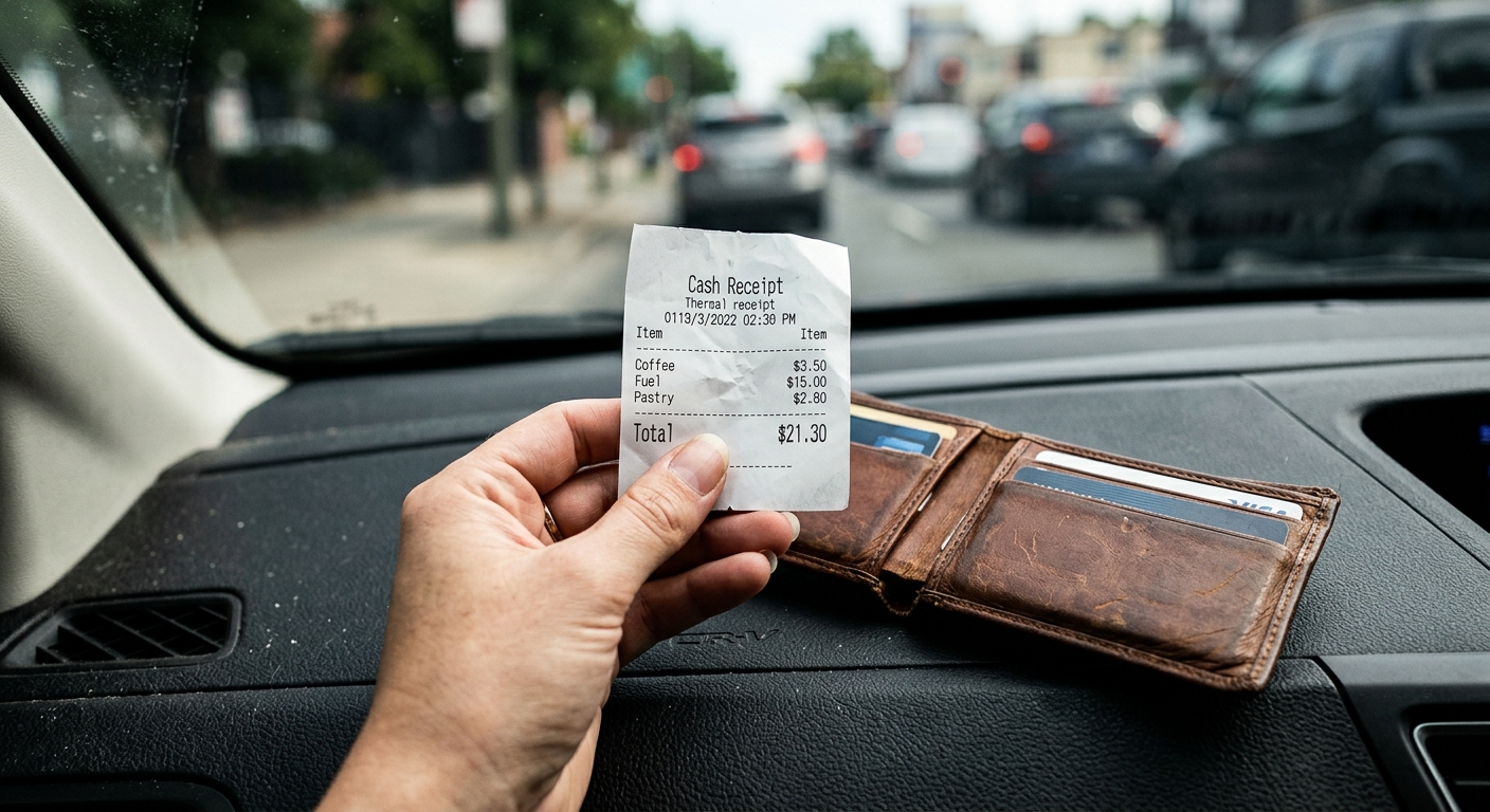 A close-up of a hand holding a small receipt next to a nearly empty wallet on a 