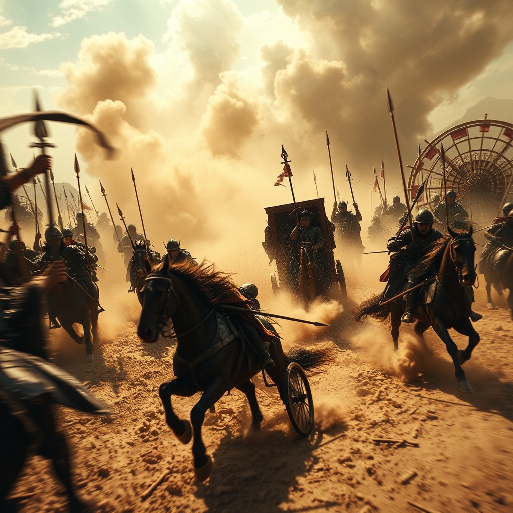 Chaotic battlefield scene with chariots crashing through dust, horses straining,
