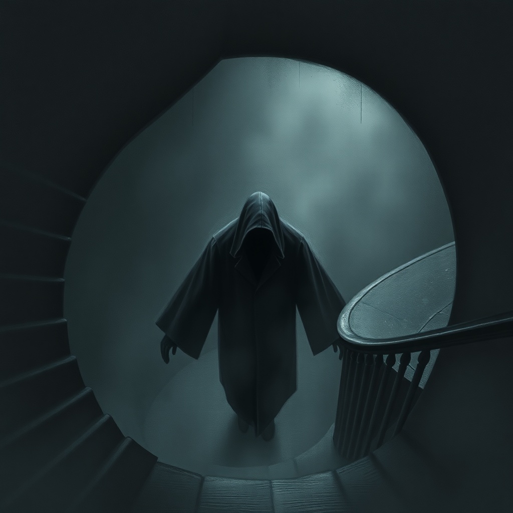 Dark charcoal horror illustration of a spiral stairwell looking down, a silent h