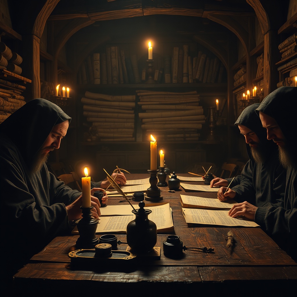 A candlelit scriptorium with anonymous monks copying a parchment chronicle, ink 