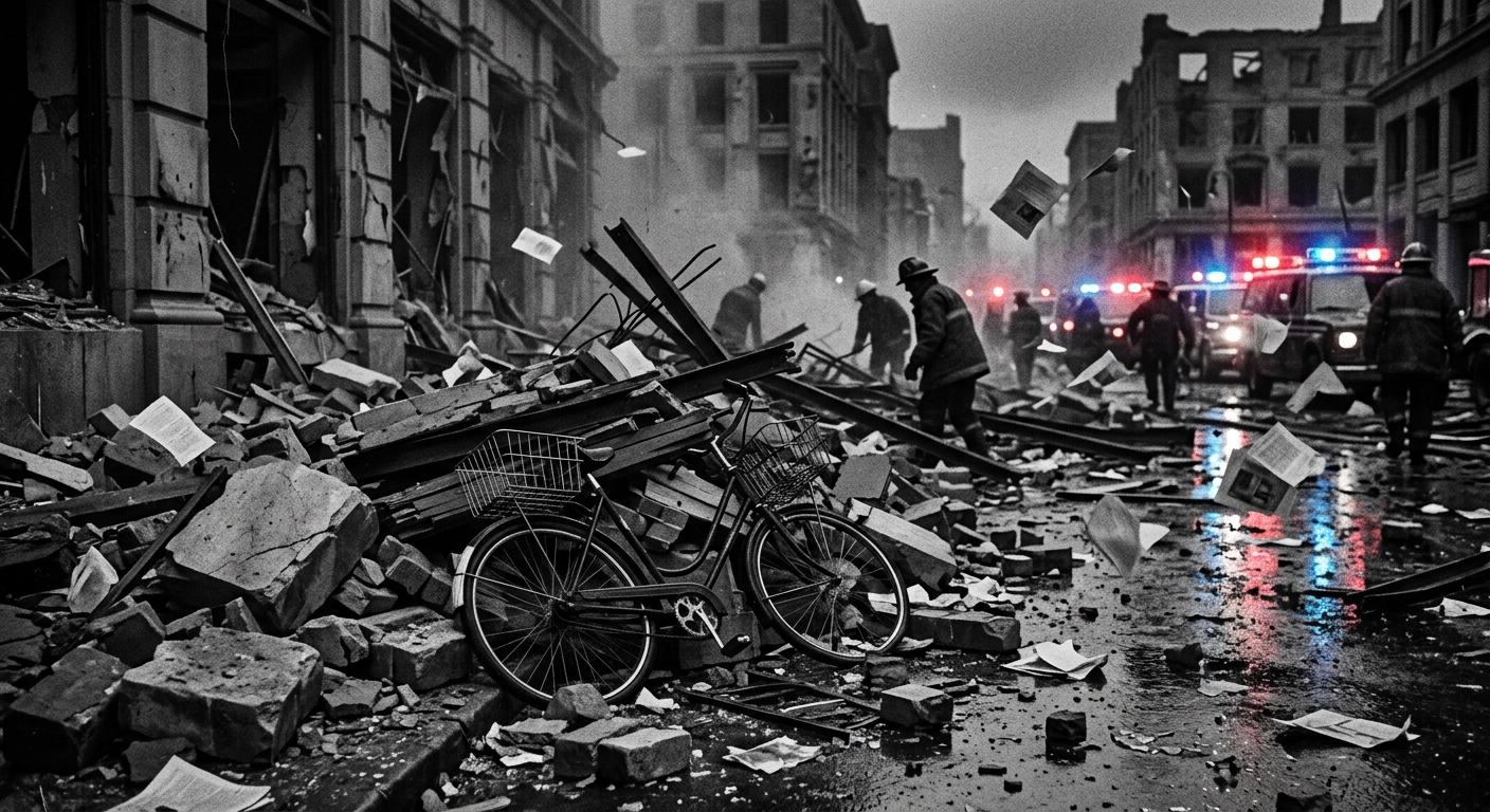 A devastated urban square after a 1970s bombing: shattered stone, twisted metal,