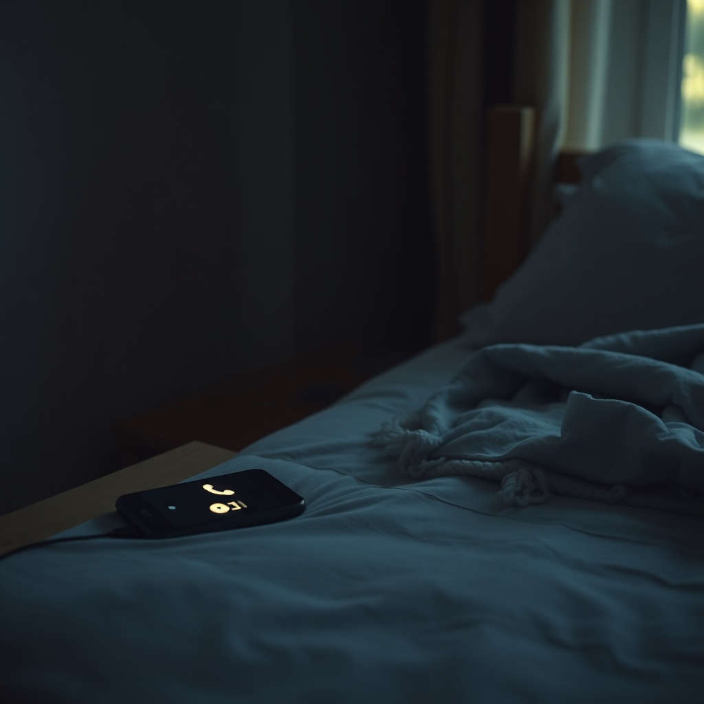 A phone on a bedside table glowing softly with an incoming call icon, the room d