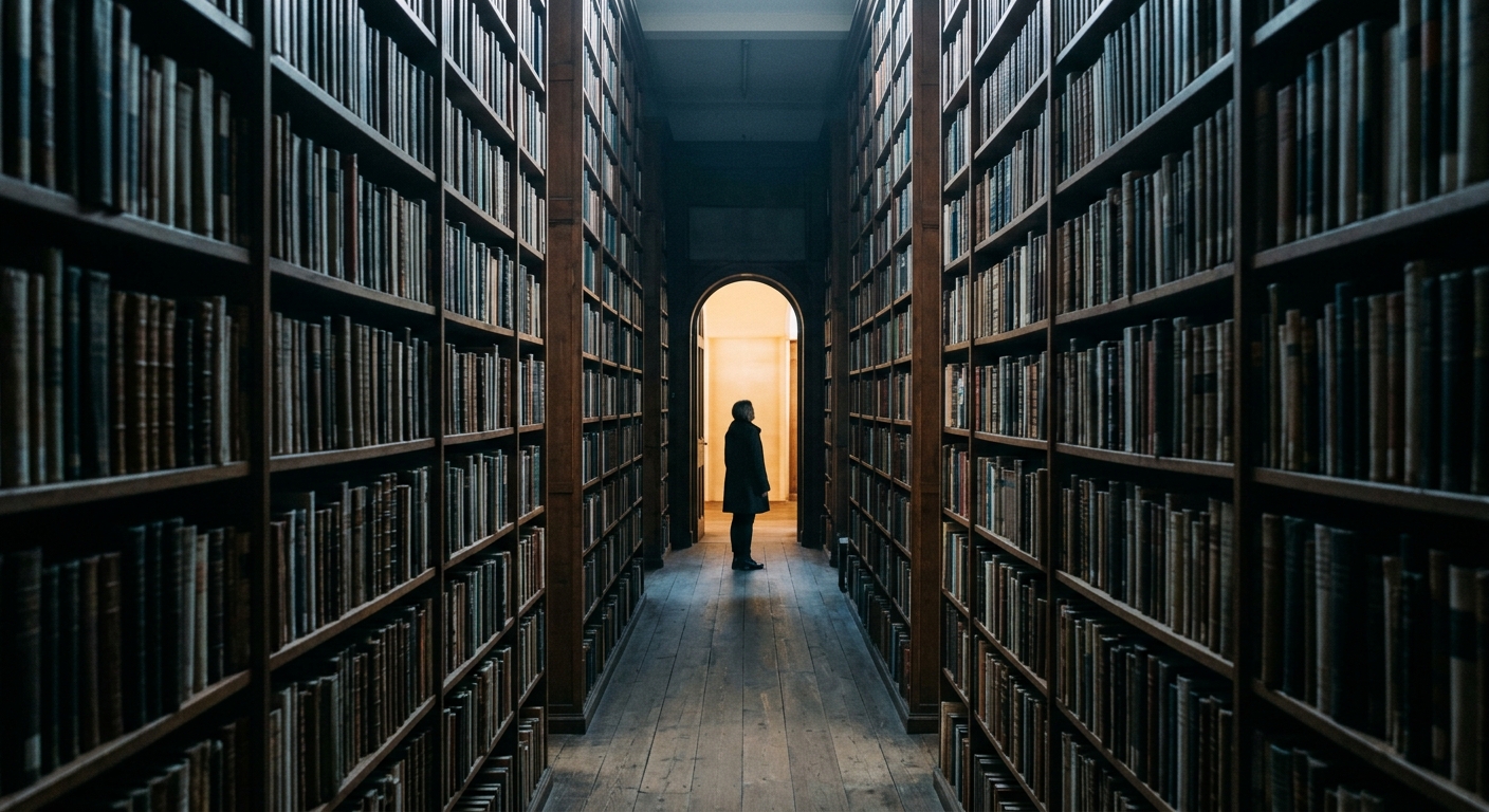 A wide shot of tall library shelves creating a narrow aisle, cool shadows at the