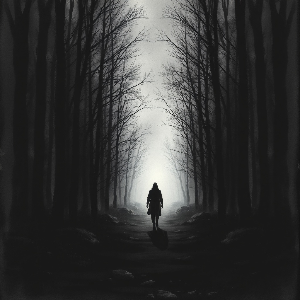 Dark charcoal horror illustration, the forest edge opening to a faint distant gl