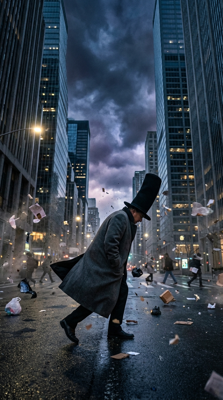 Windy city street at dusk, a person in a long coat leaning into gusts while a ve