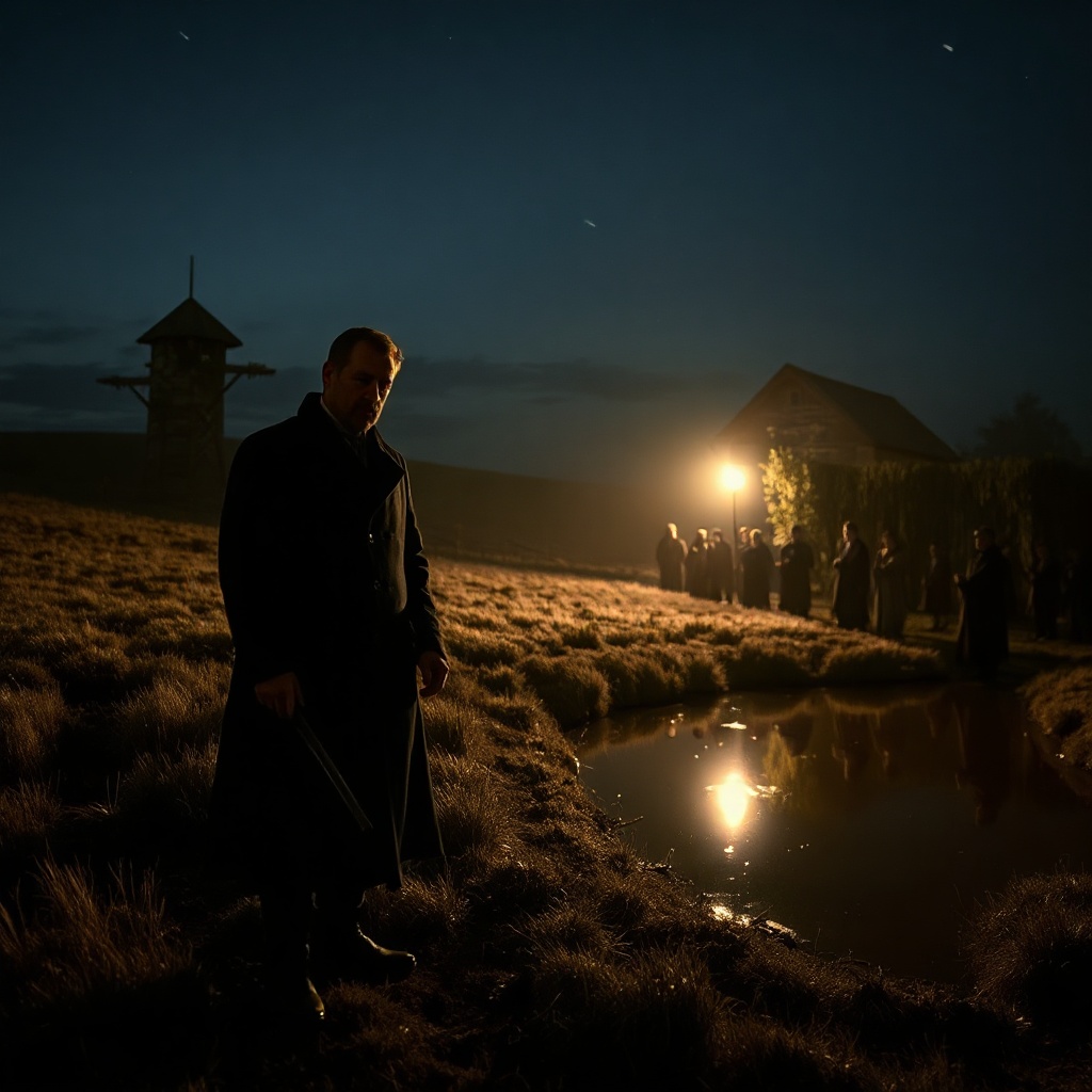 A rural field at night with an anonymous preacher-like figure in a dark coat sta