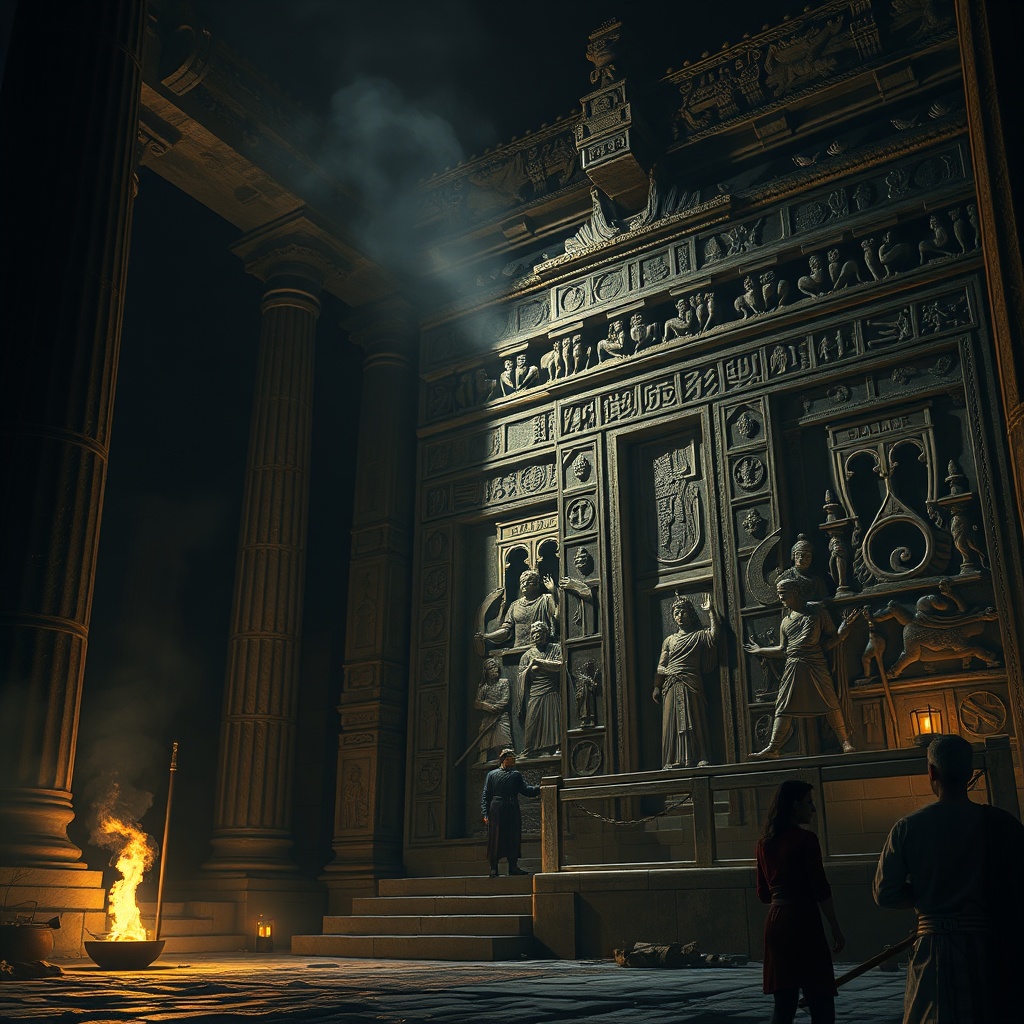 Nighttime temple scene with towering stone columns and carved reliefs, torchligh