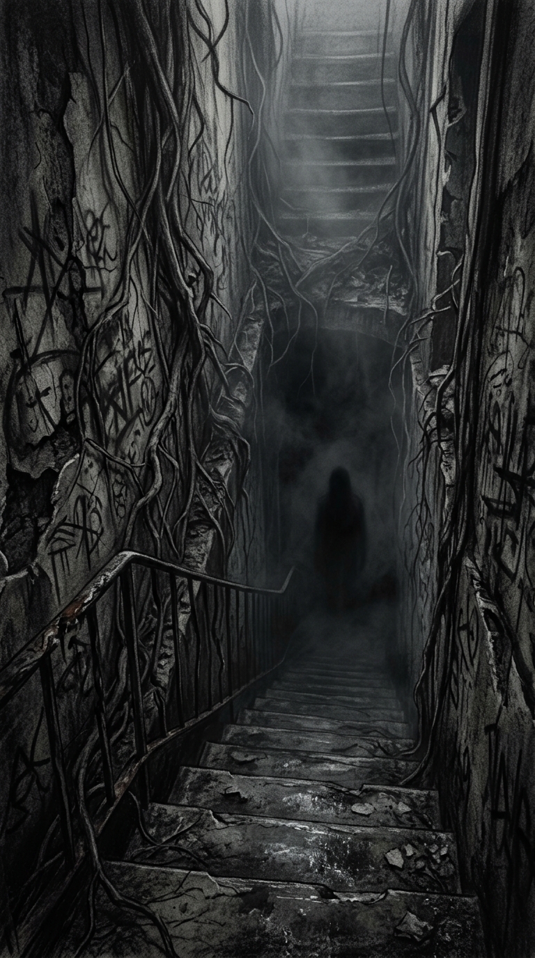 A narrow stairwell descending into deeper darkness, the walls patterned with tan