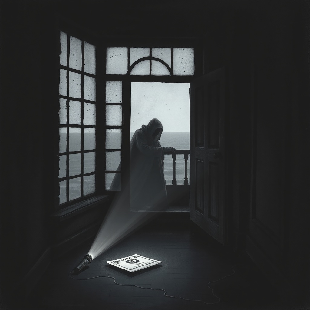 Dark charcoal horror illustration of the lantern room interior, salt-streaked gl
