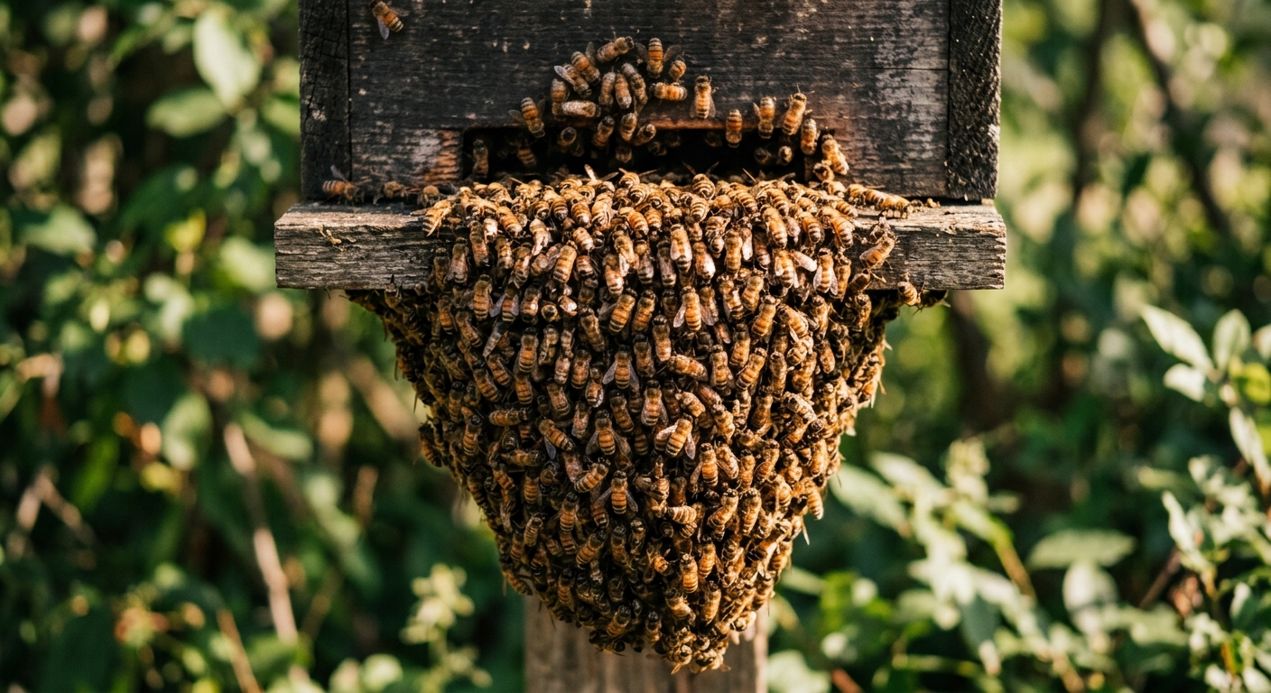 A tight shot of a hive entrance with a dense cluster of bees forming a hanging “