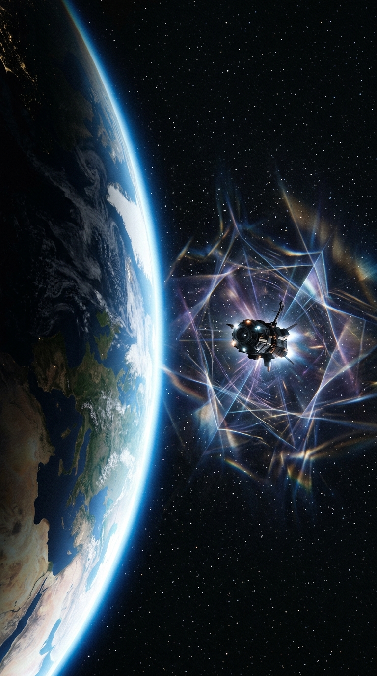 Vertical cinematic visualization of Earth seen from orbit with faint glowing geo