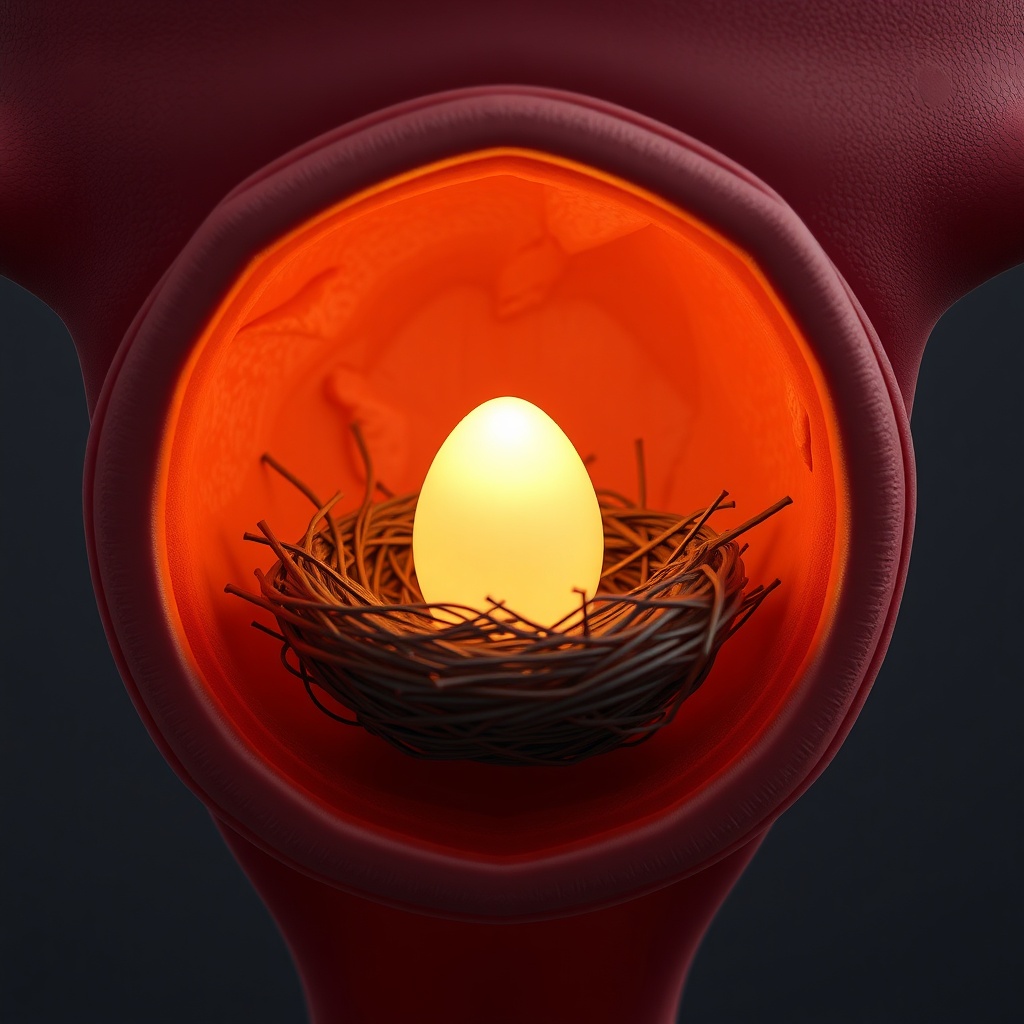 Semi-realistic uterus interior as a cozy “nest” texture forming on the lining, w