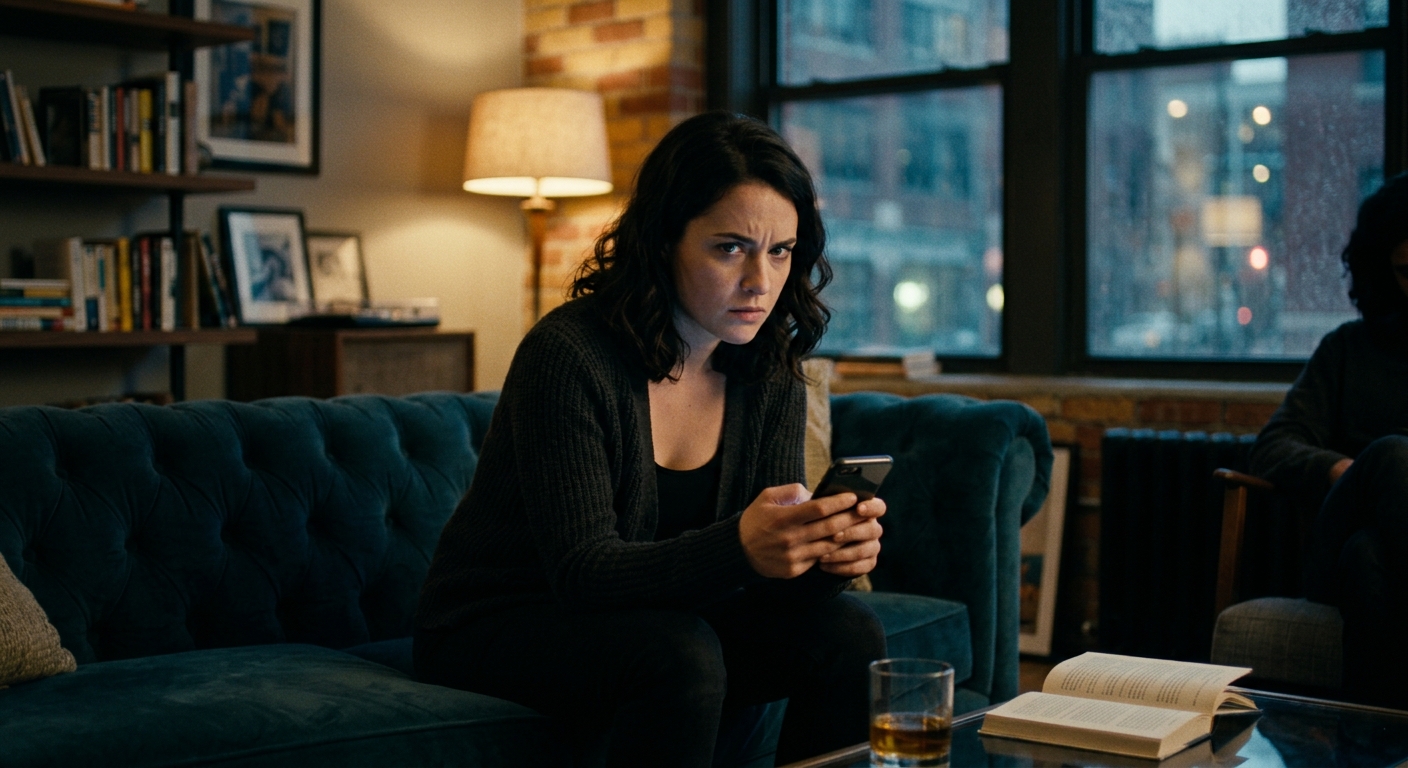 A woman in her late 20s, sitting on a plush sofa, staring at her phone with a mi