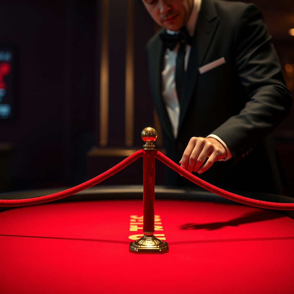 A suited casino security staffer gently sliding a small velvet rope across an em