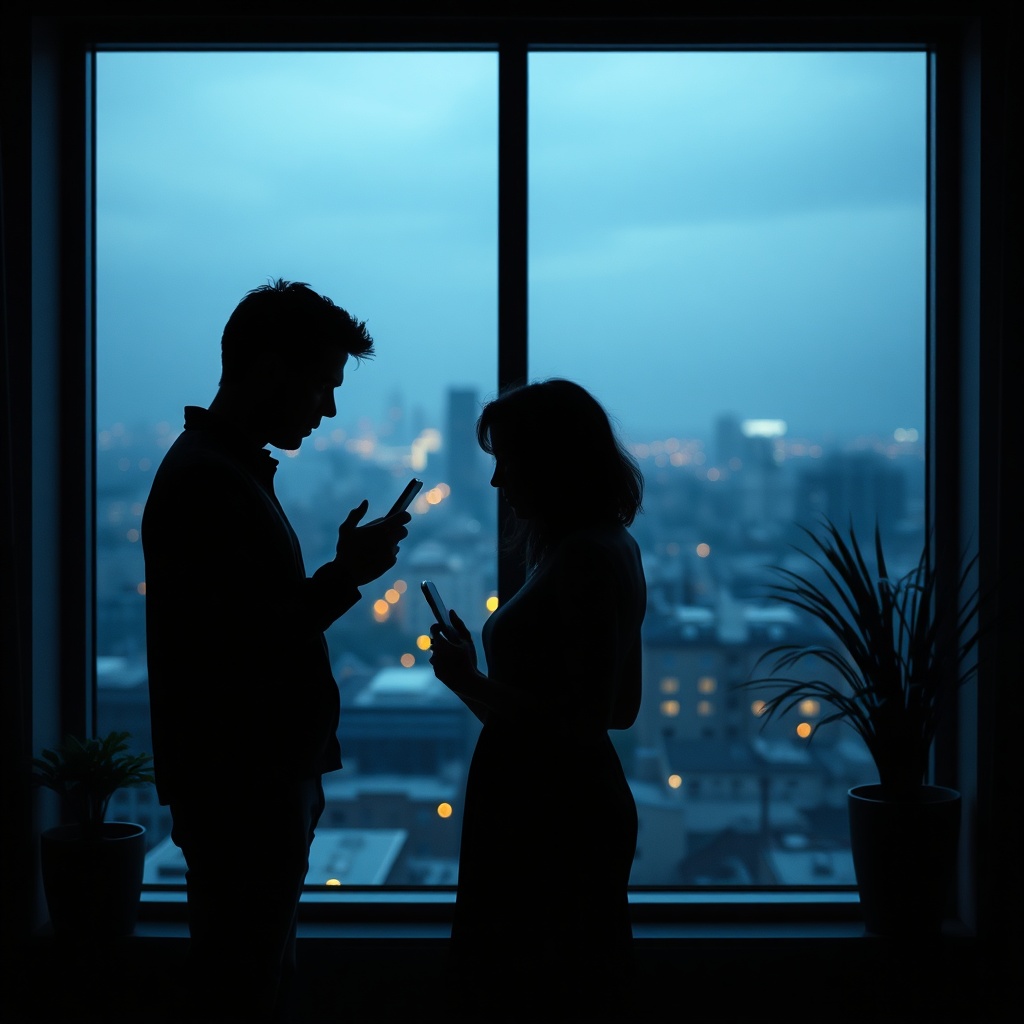 Two silhouetted figures arguing in front of a large window, city lights twinklin