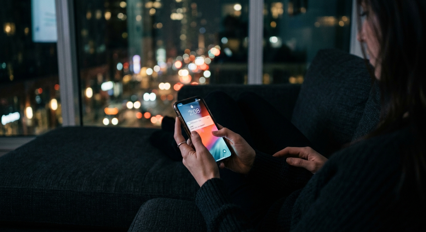 A close-up of a woman’s hand holding a phone over a dark couch, the screen glowi