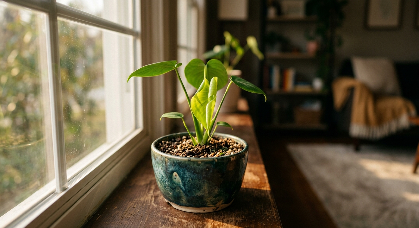 A small plant in a ceramic pot on a windowsill, one new green leaf unfurling, go