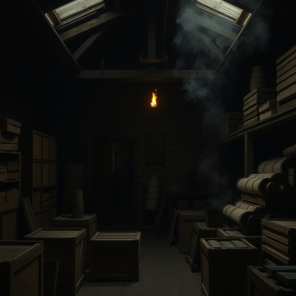 Interior of a turn-of-the-century dry goods warehouse basement with wooden crate