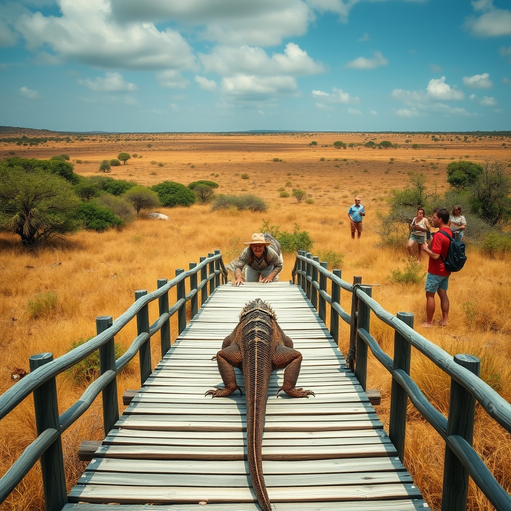 A wide shot of a wooden boardwalk through dry savanna, a small group of tourists