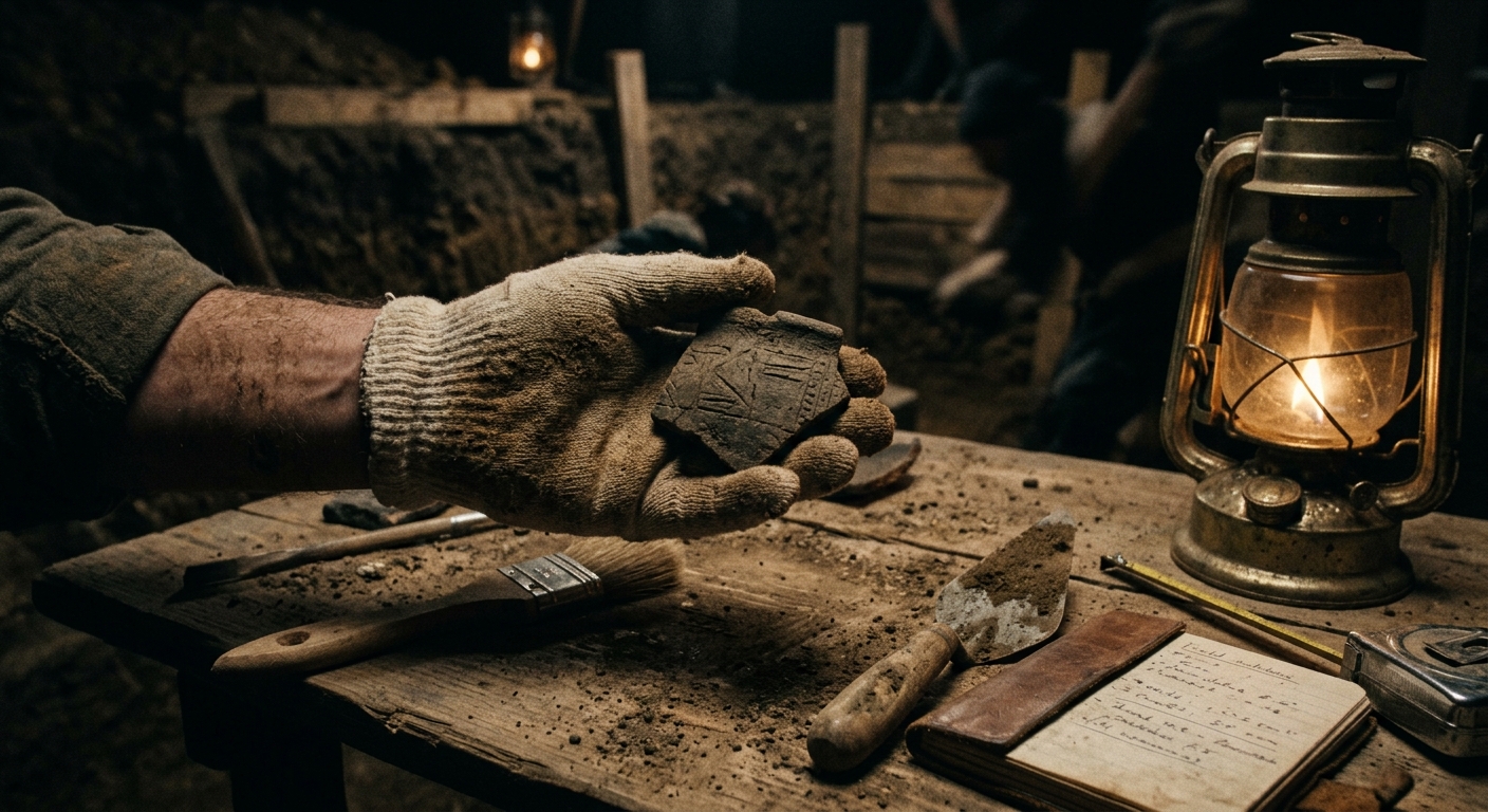 Close view of a hand holding an ancient pottery shard with faint scratched marki