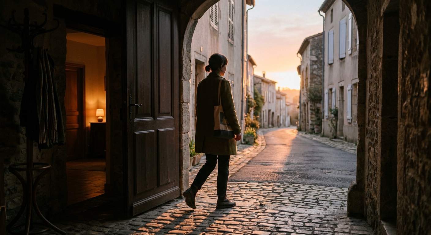 A quiet early morning street seen from inside a doorway, one person in a simple 