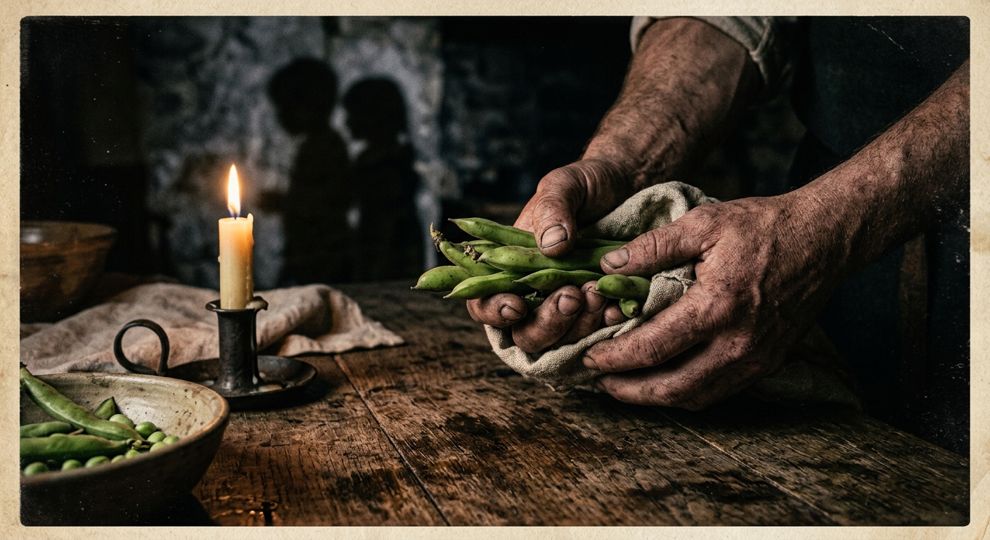 Close-up of rough medieval hands holding a bundle of broad beans over a wooden t