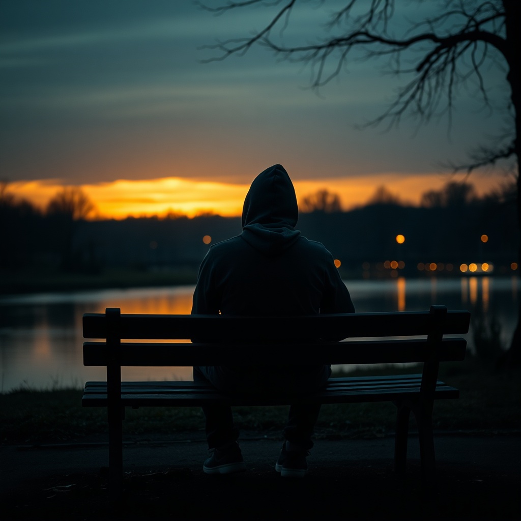 A lone figure in a hoodie sitting on a park bench at sunrise, looking toward a r