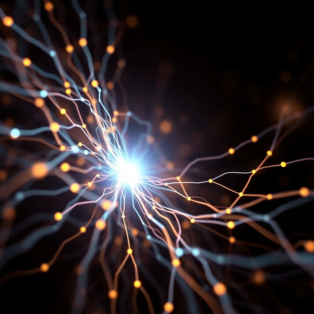 A high-contrast macro-style visual metaphor of a glowing neural network convergi