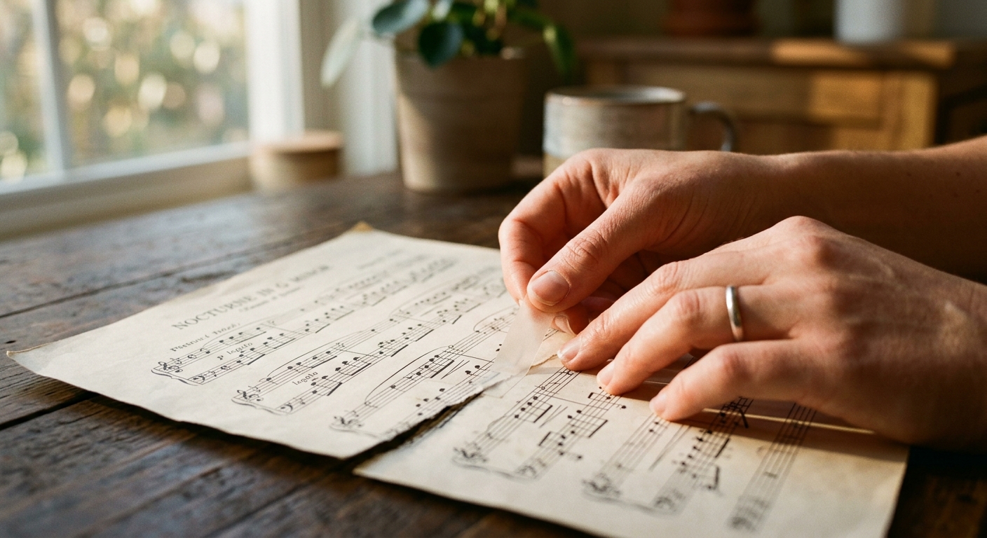 Close-up of hands gently repairing a torn sheet of music with translucent tape, 