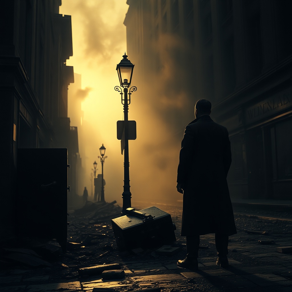 Dawn after the fire with a lone anonymous businessman in a long coat standing be