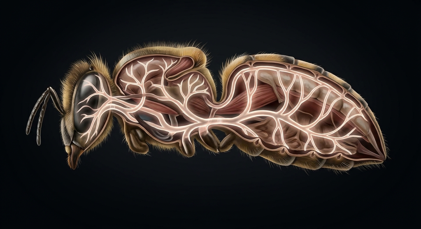 A clean educational cross-section style visual of a honeybee body with internal 