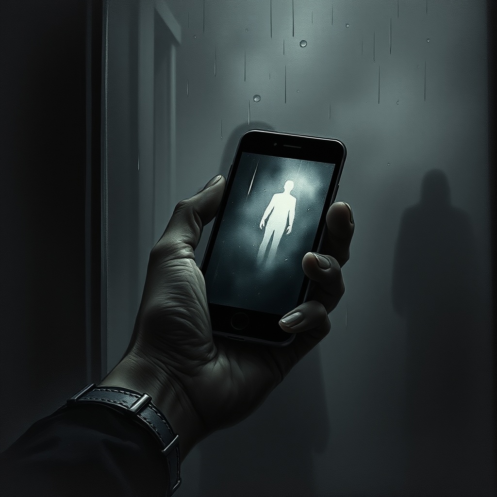 Dark charcoal horror illustration of a close-up of a hand holding a smartphone s