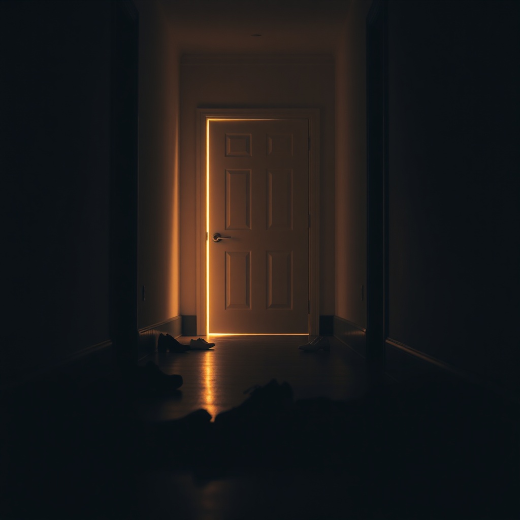 A dim hallway with scattered shoes and a closed door at the end, a thin line of 