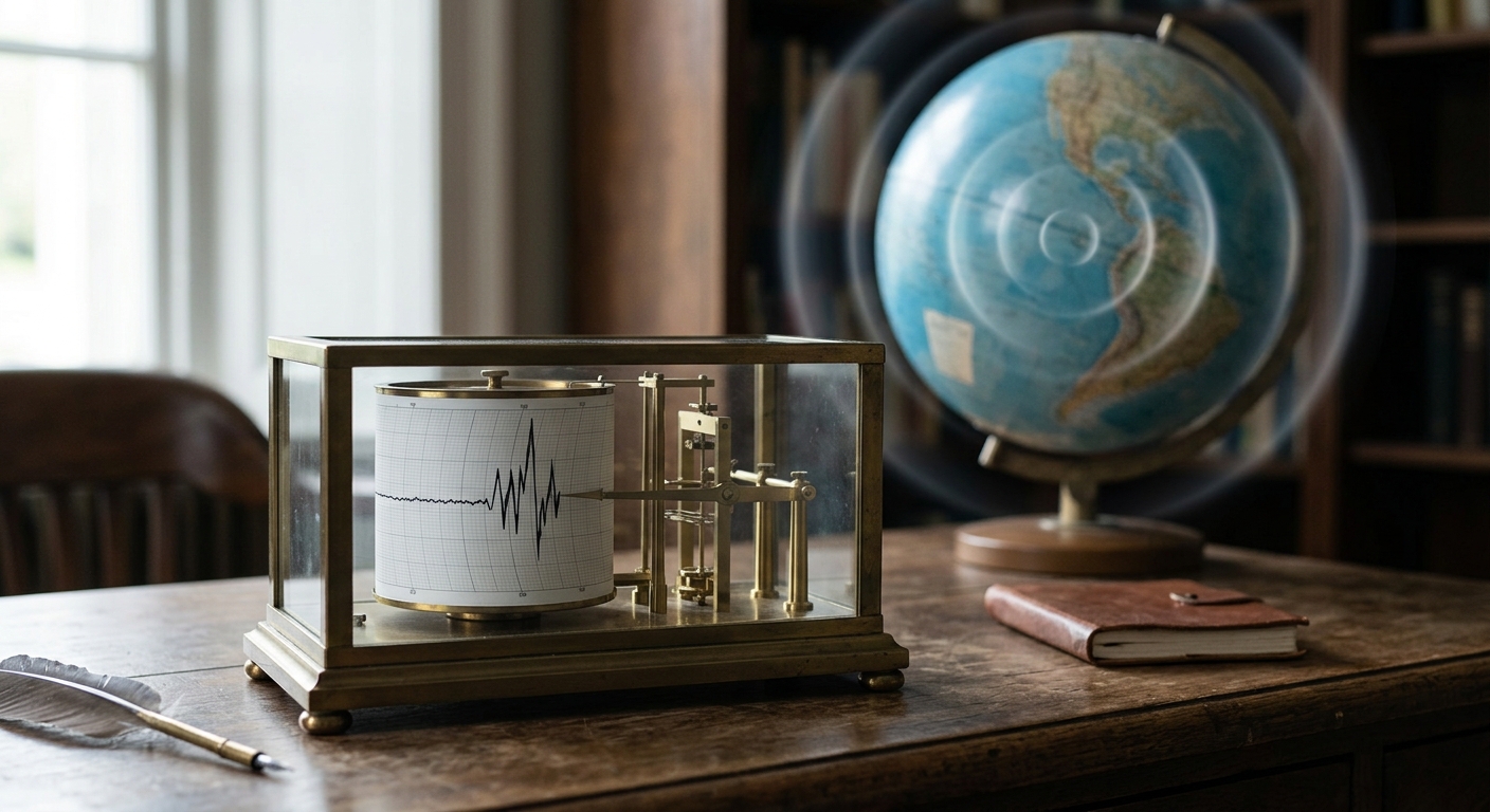 An antique barograph on a wooden desk with its needle tracing a jagged pressure 