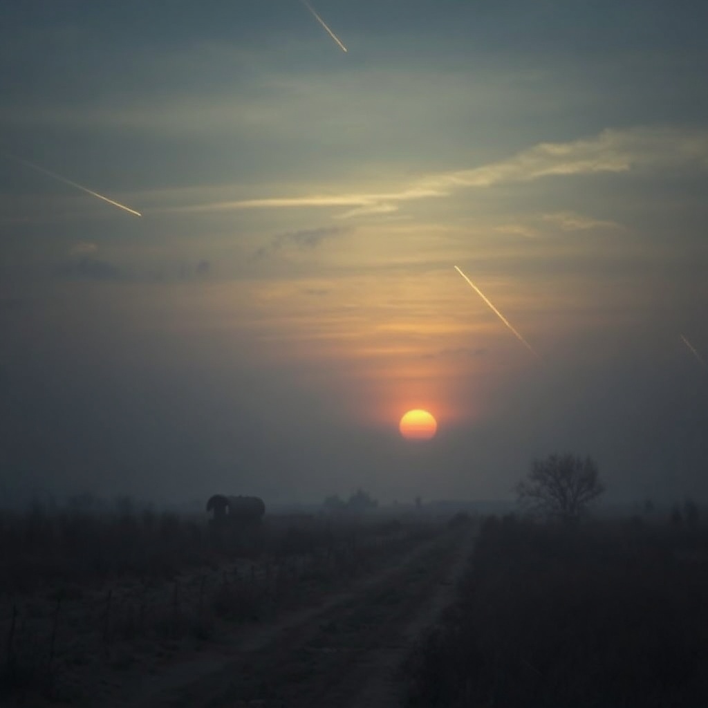 Dawn approaching over a quiet landscape with faint lingering meteor trails and a