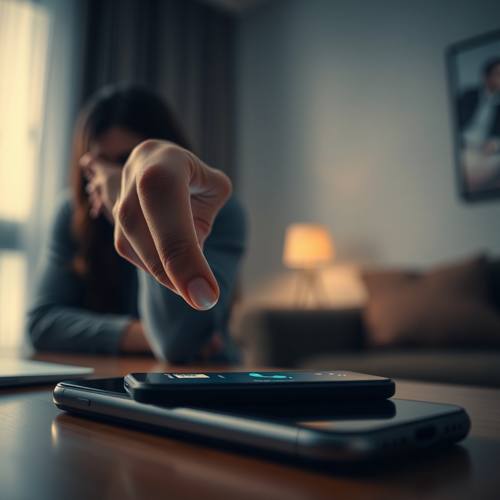 Close-up of a phone on a table showing an incoming call, woman’s trembling hand 