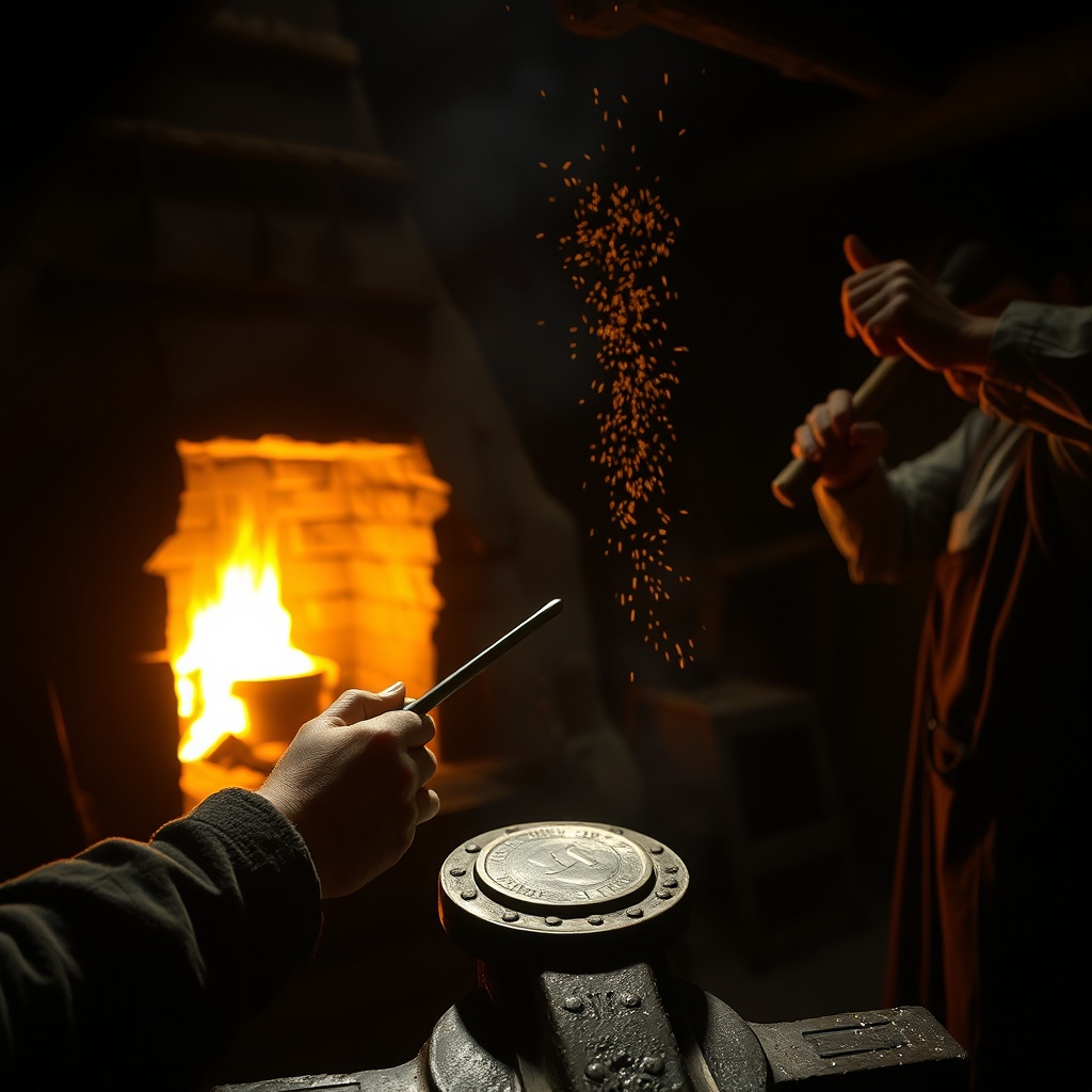 Inside a dim ancient mint workshop, a glowing furnace, a worker’s hands holding 