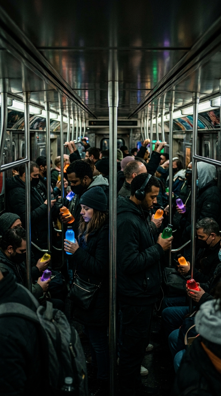Wide cinematic view of a city subway car at rush hour with multiple commuters ho