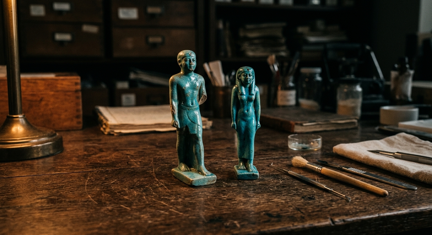 Close-up documentary framing of two faience figurines on a wooden conservation t