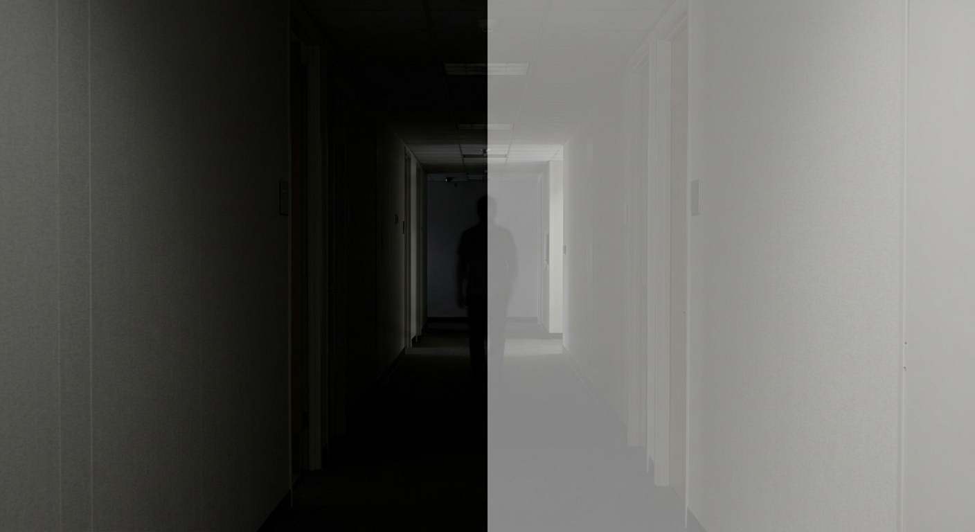 A split-screen close-up of the same in-game corridor, left side crushed into nea
