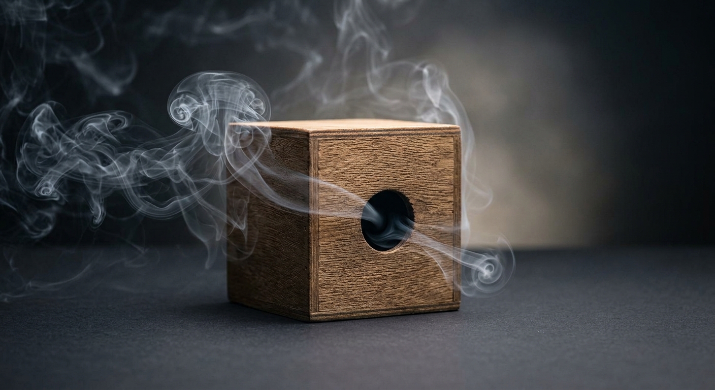 An abstract but realistic visual metaphor of smoke swirling around a small woode