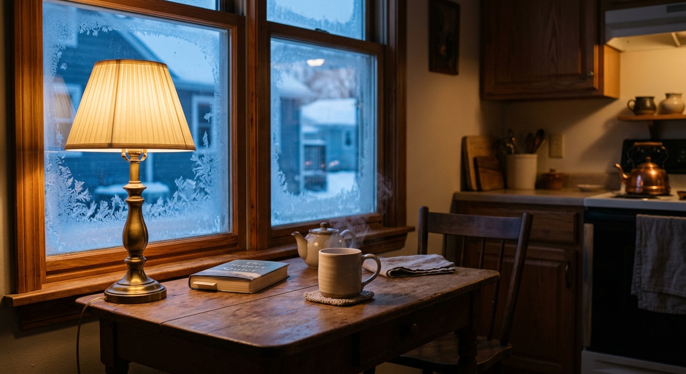 A small kitchen table by a window with frost patterns on the glass, a single mug