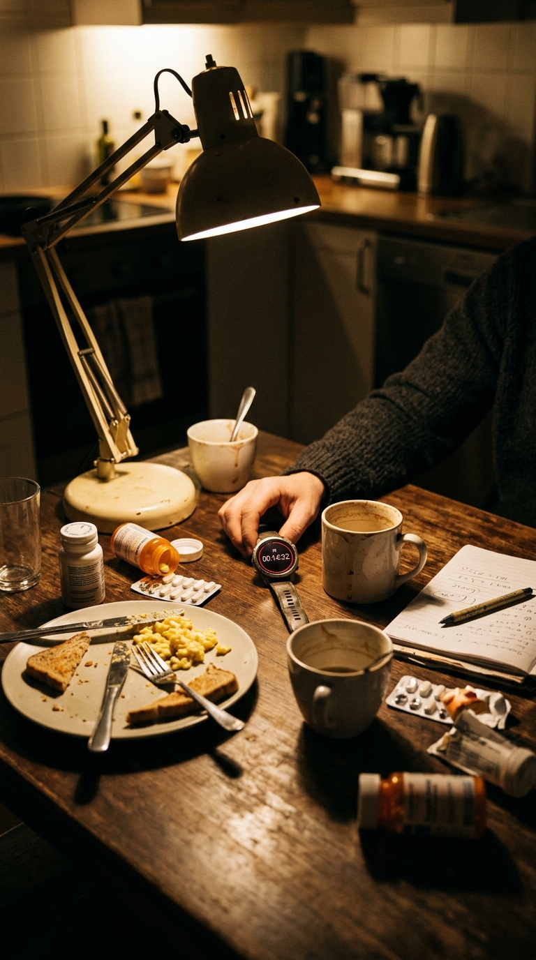 A kitchen table at night with scattered coffee cups, a half-eaten meal, suppleme