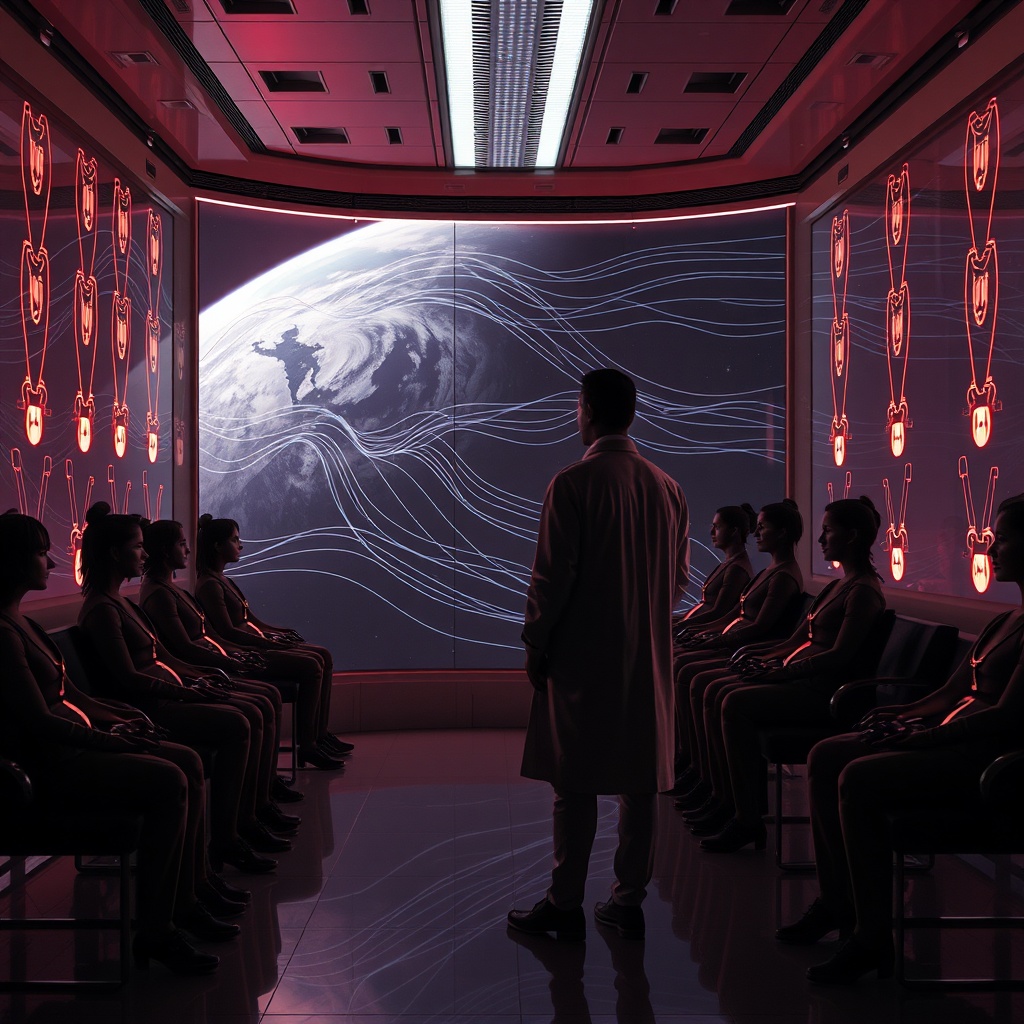 Futuristic clinic interior, a doctor-like figure in silhouette watching a wall d