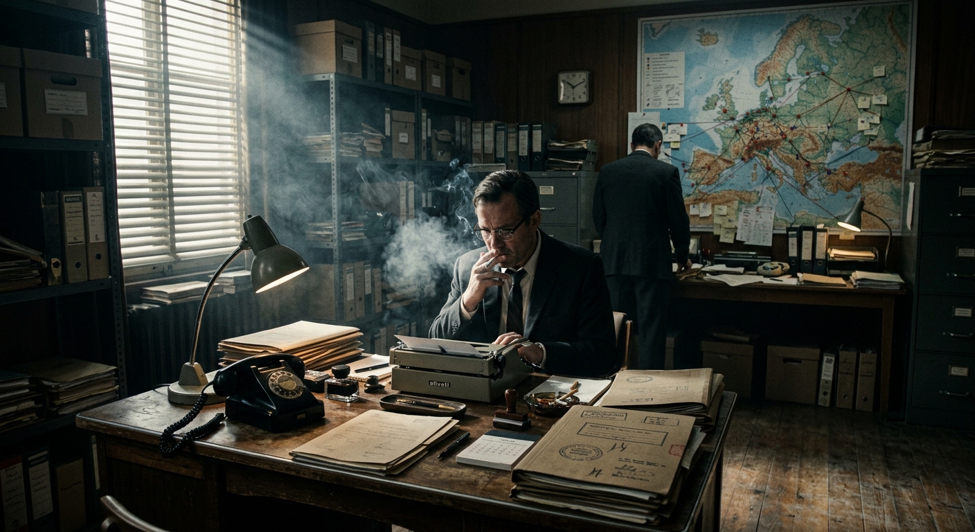 An interior of a 1960s European intelligence office: a desk with rotary phone, s