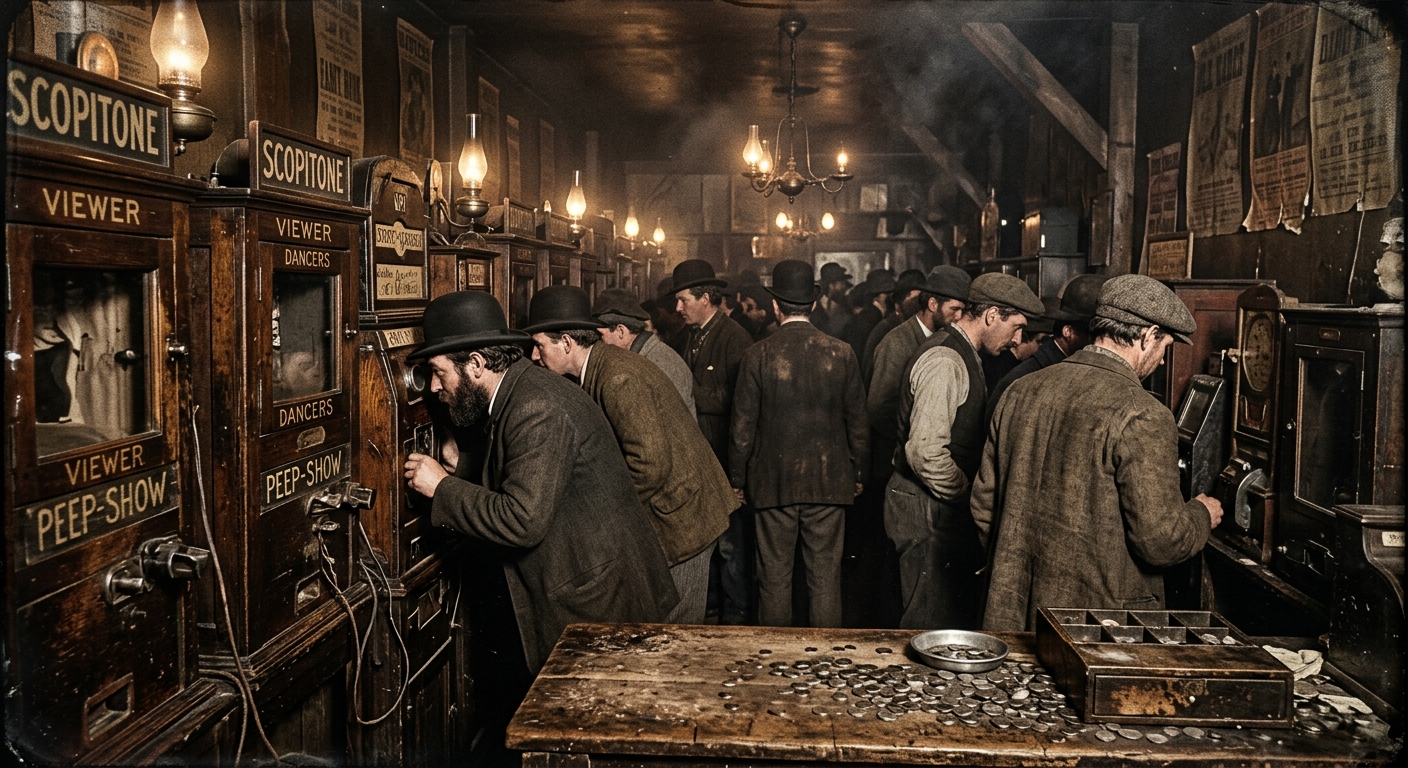 Interior of a cramped 1890s penny arcade with gaslit haze, rows of wooden coin-o