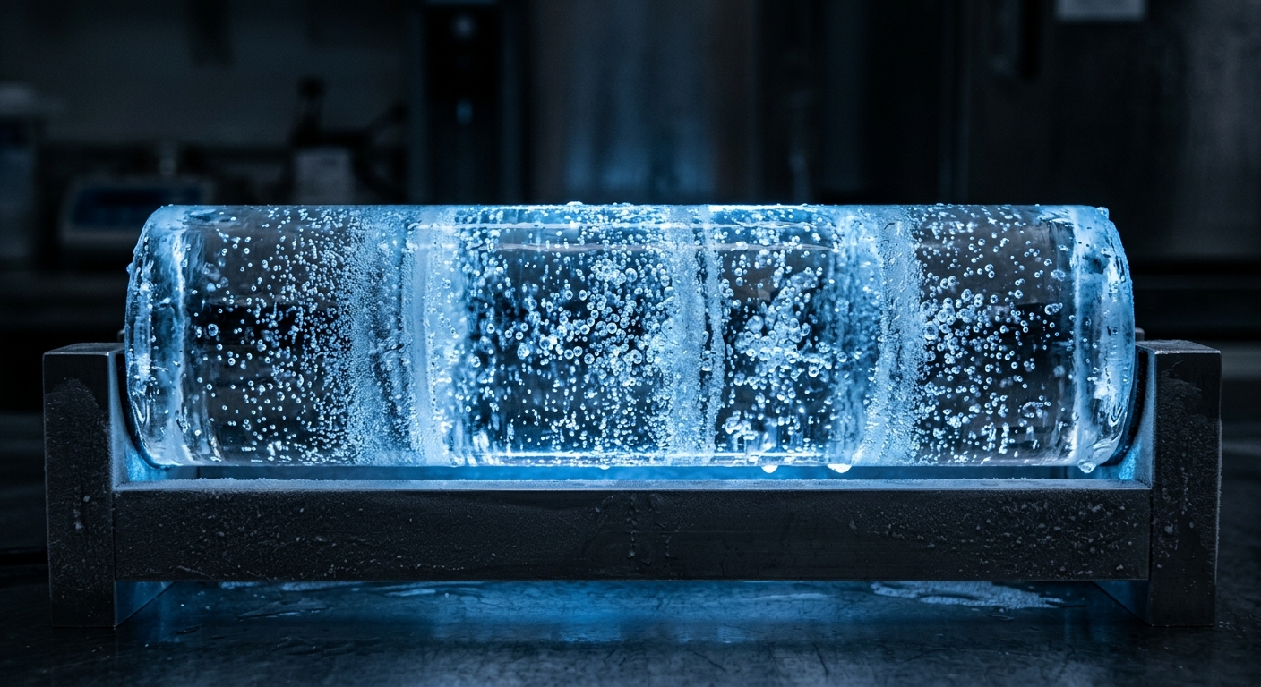 A clean, high-contrast cross-section of an ice core held horizontally with visib